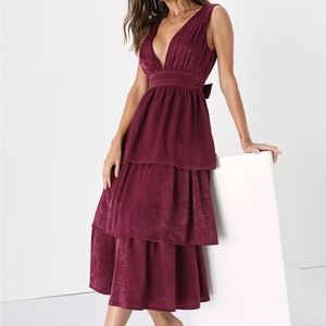 Peak Party Vibe Plum Purple Satin Tiered Tie-Back Midi Dress